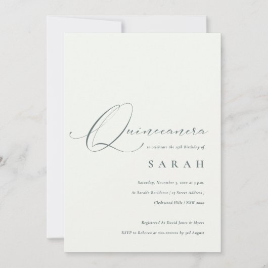 Simple script noir blanc Quinceañera Invitation (Devant)