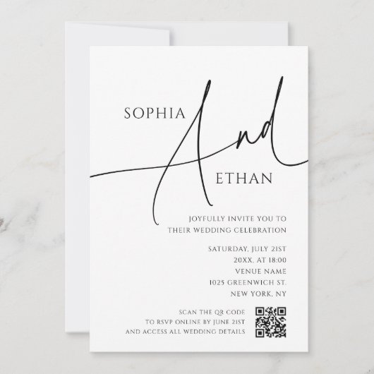 Simple Script Typography QR Code White Wedding Kaart (Voorkant)