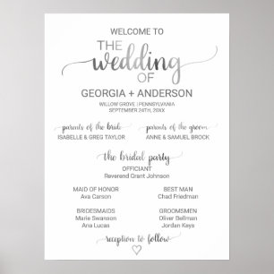 Simple Silver Foil Calligraphy Wedding Programme ( Poster