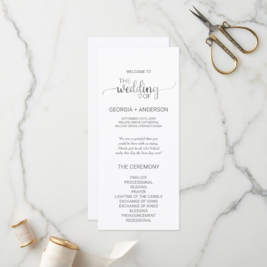 Simple Silver Foil Calligraphy Wedding Programme Programma (Voorkant / Achterkant in situ)