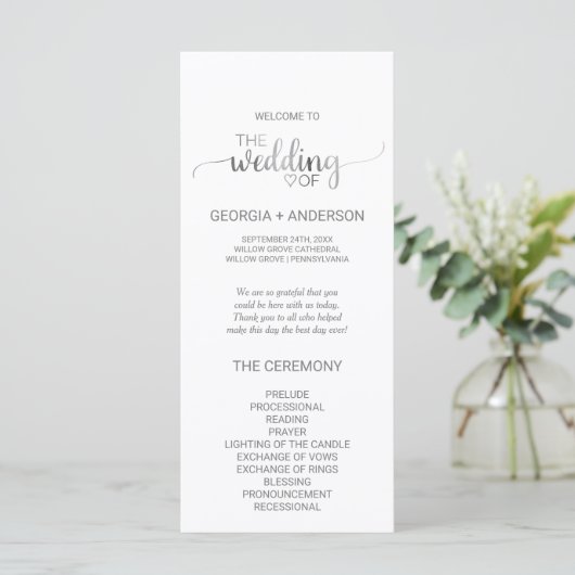Simple Silver Foil Calligraphy Wedding Programme Programma (Staand voorkant)