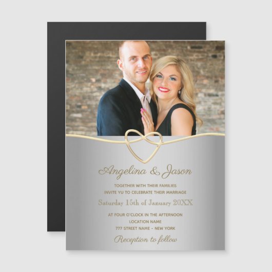 Simple Silver Photo Wedding Magnetische Uitnodiging (Voorkant / Achterkant)