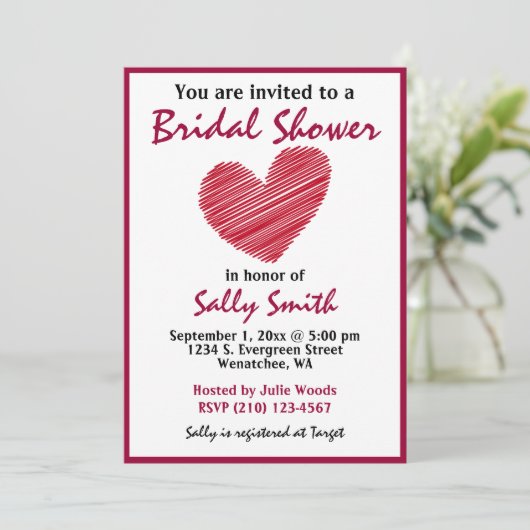 Simple Sketchy Red Heart Bridal Shower Invitation (Debout devant)