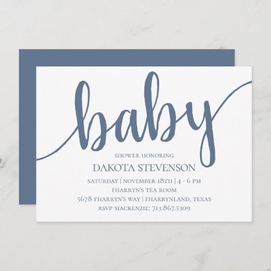Simple Slate Script | Stoffelijk denim blauw Baby  Kaart (Voorkant / Achterkant)