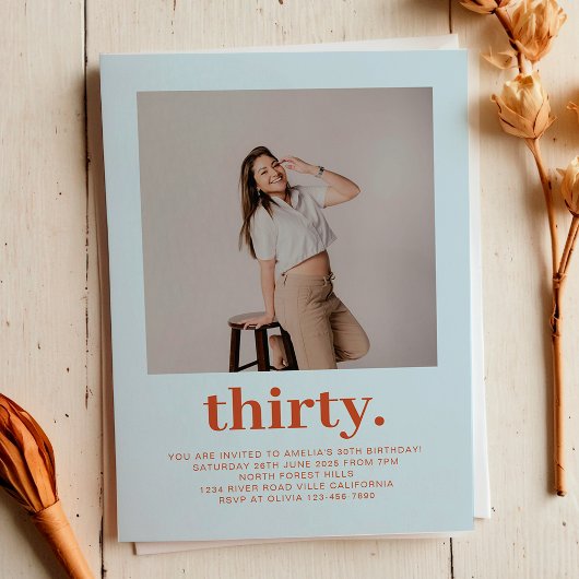 Simple Soft Blue Minimal Photo 30th Birthday Kaart