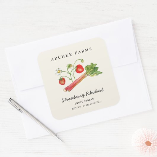 Simple Strawberry Rhubarb square Jam Jar Label (Envelop)