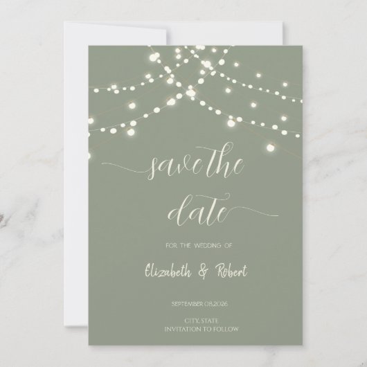 Simple String Lights Sage Green Save The Date (Voorkant)