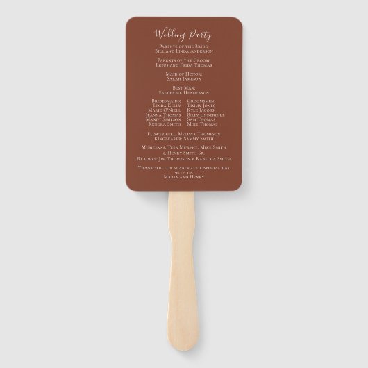 Simple Terracotta Wedding Ceremony Program Handwaaier (Achterkant)