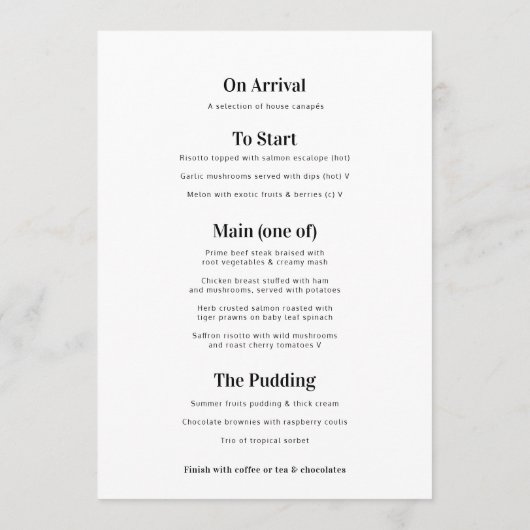 Simple texte mono noir avec menus mariages blancs (Dos)