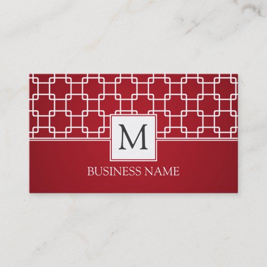 Simple Trellis Pattern Monogram Red Visitekaartje (Voorkant)