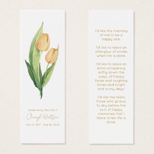 Simple Tulip Funeral Memorial Bookmark (Devant & derrière)
