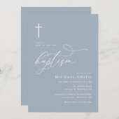 simple typographie dusty bleu baptême invitation (Devant / Derrière)