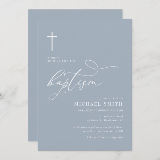 simple typographie dusty bleu baptême invitation (Devant / Derrière)