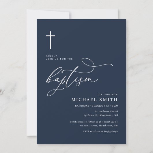simple typographie marine bleu baptême invitation (Devant)