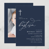 simple typographie marine bleu baptême invitation (Devant / Derrière)