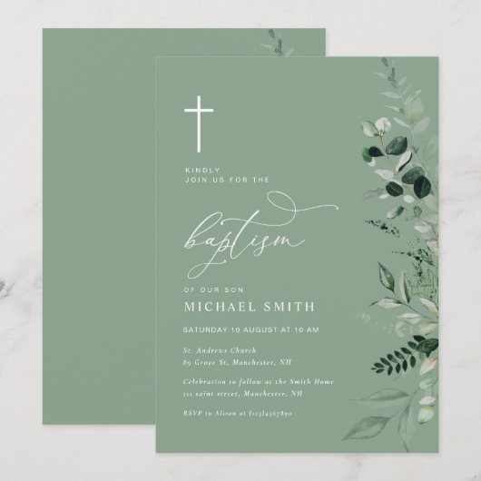 simple typographie verdure baptême invitation (Devant / Derrière)