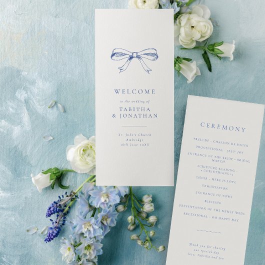 Simple Vintage Bow Blue Wedding Programme