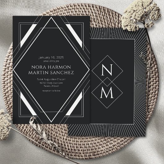 Simple Vintage Déco Black White Invitation