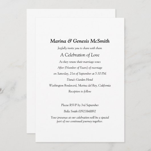 Simple Vow Renewal Classic Invitation (Devant / Derrière)
