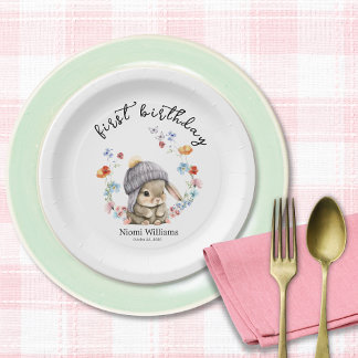 Simple Watercolor Bunny First Birthday Paper Plate Papieren Bordje