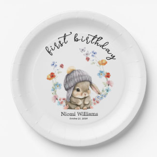 Simple Watercolor Bunny First Birthday Paper Plate Papieren Bordje