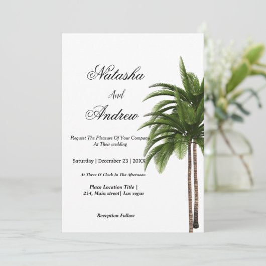 simple watercolor palm tree wedding invitation (Debout devant)