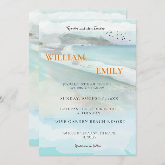 Simple Watercolor Plage côtière Invitation de mari (Devant / Derrière)