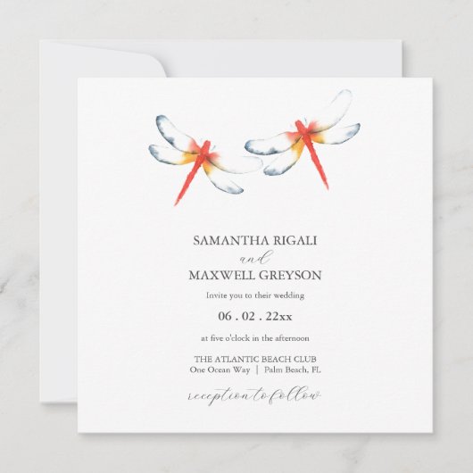 Simple Watercolor Red Dragonfly Wedding Invitation (Devant)