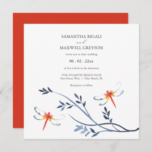 Simple Watercolor Red Dragonfly Wedding Invitation (Devant / Derrière)