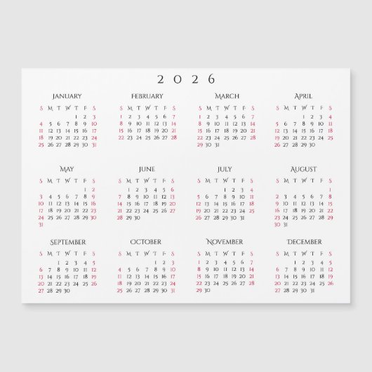 Simple White 2026 Yearly Full Year Calendar Magnet (Devant)
