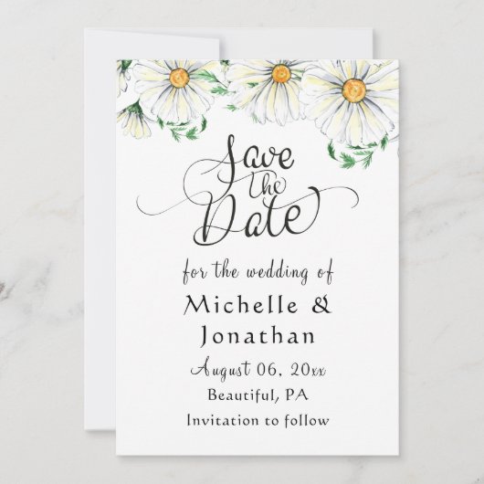 Simple White Daisies Greenery Floral Waterverf Save The Date (Voorkant)