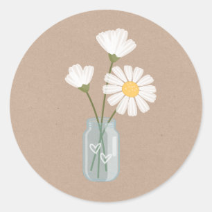 Simple White Daisies Mason Jar Hearts Bouquet Ronde Sticker