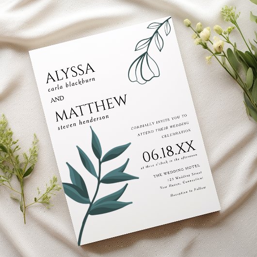 Simple white forest green foliage floral wedding kaart