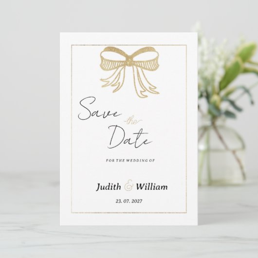 Simple white gold glitter bow ribbon Save the Date Kaart (Staand voorkant)