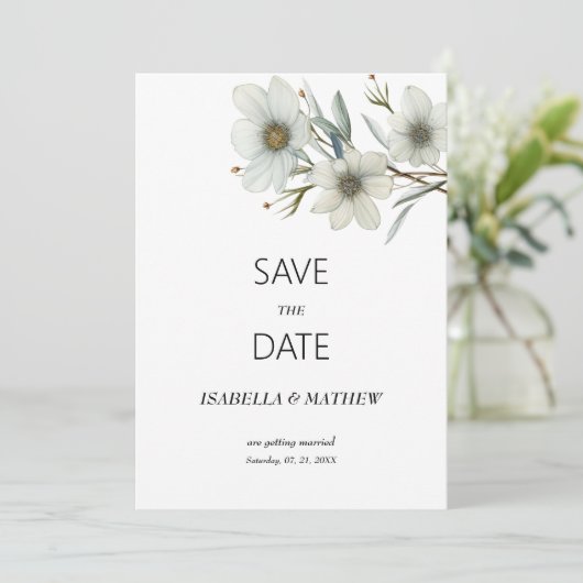 Simple white mint spring floral Save the Date Kaart (Staand voorkant)