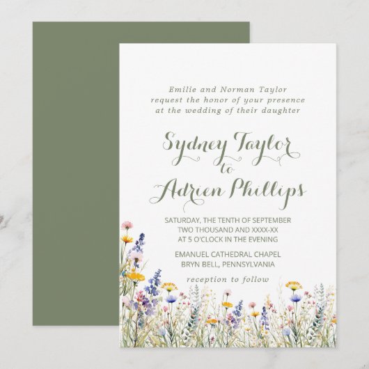 Simple Widlflower Formal Wedding Invitation (Devant / Derrière)