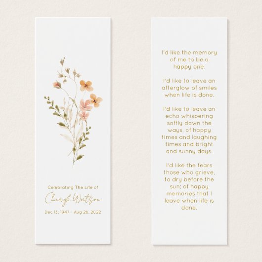 Simple Wildflower Funeral Memorial Bookmark (Devant & derrière)