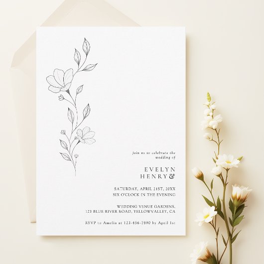 Simple Wildflower Minimalist Chic Elegant Wedding Kaart