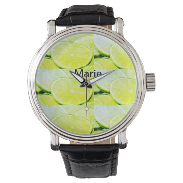 Simple yellow green lemon add name minimum custom horloge (Voorkant)