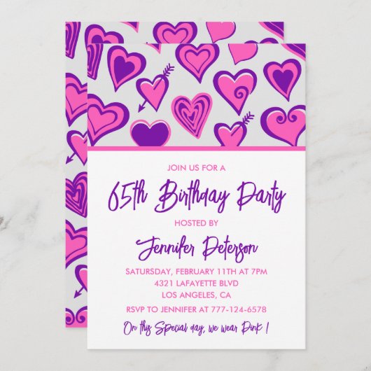Simples invitations à 65e anniversaire Glam Heart (Devant / Derrière)