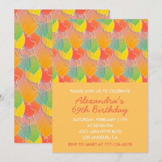 Simples invitations à 69e anniversaire Balloons Mo (Devant / Derrière)