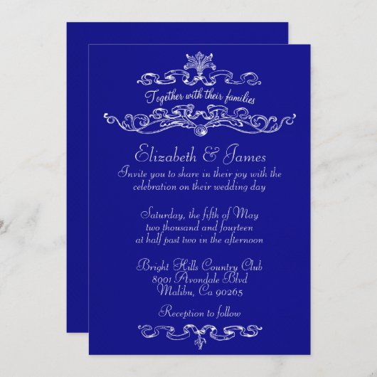 Simples invitations au mariage royal bleu de luxe (Devant / Derrière)
