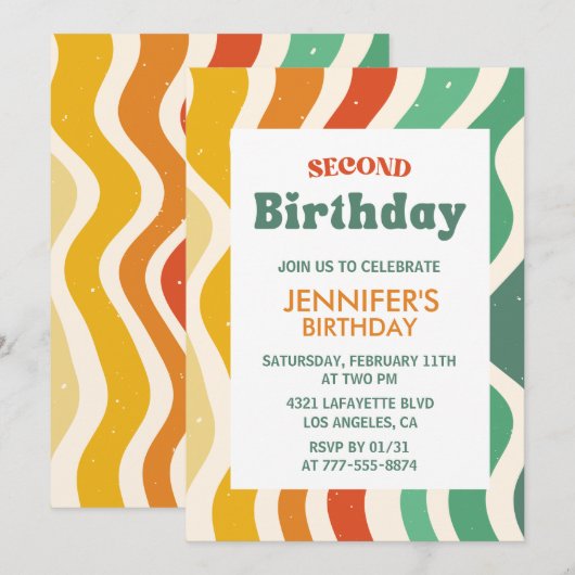 Simples invitations de 2e anniversaire Retro Wavy (Devant / Derrière)