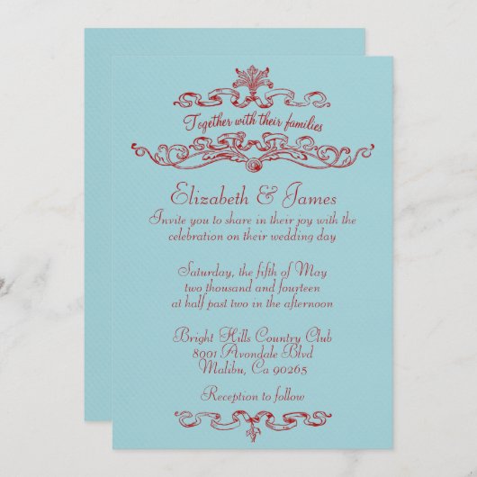 Simples Invitations De Mariage Bleu Et Rouge De Lu (Devant / Derrière)