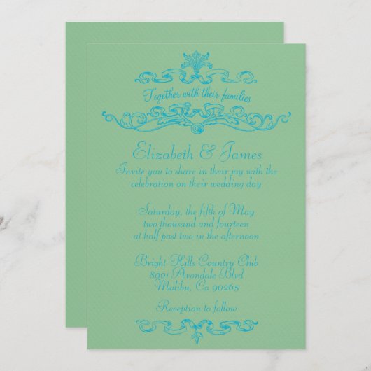 Simples Invitations De Mariage Bleu Et Vert (Devant / Derrière)