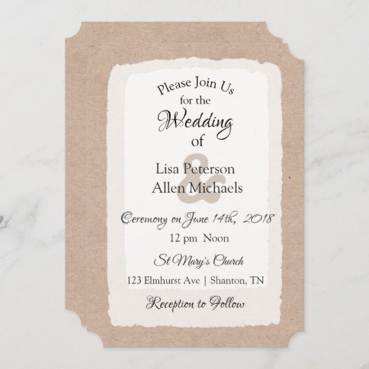 Simples invitations de mariage rustique tan et bla (Devant / Derrière)