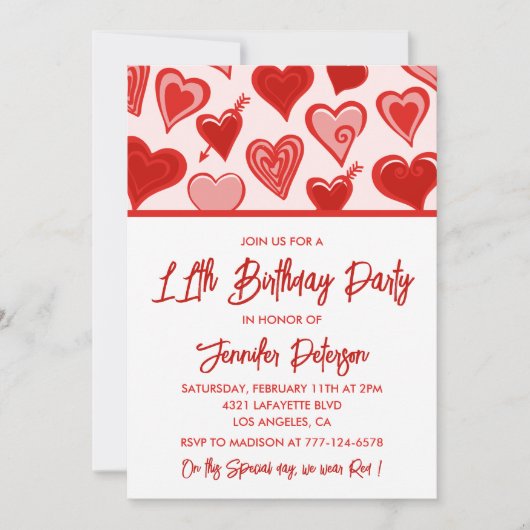 Simples invitations pour ses 11 ans pour ses Coeur (Devant)