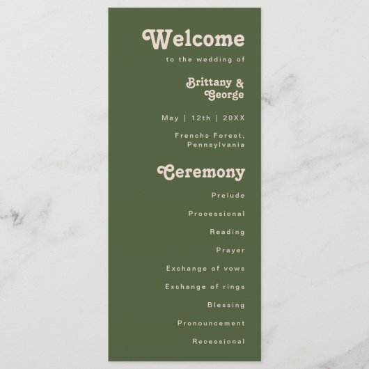 Simples Vibes Rétro | Programme de Mariage Vert Ol (Devant)