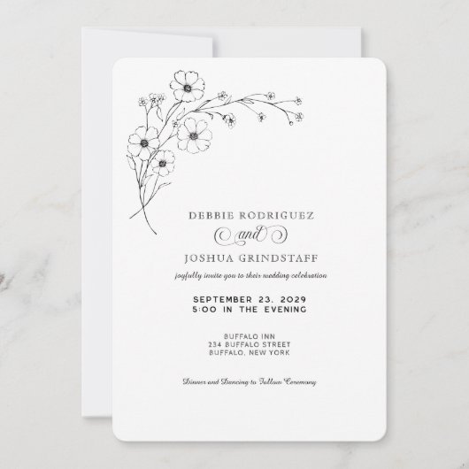 Simplistic Black White Floral Wedding Invitation  (Devant)