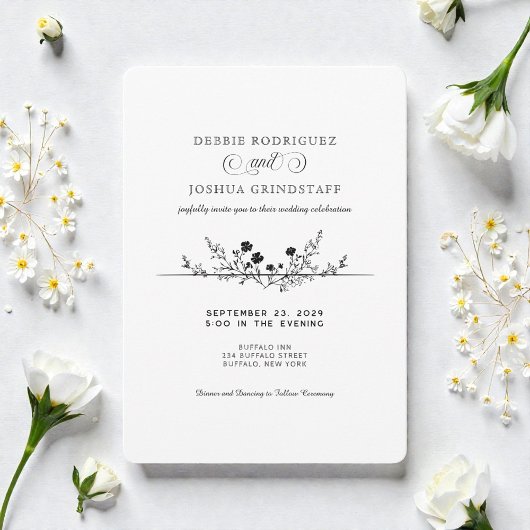 Simplistic Black White Floral Wedding Invitation